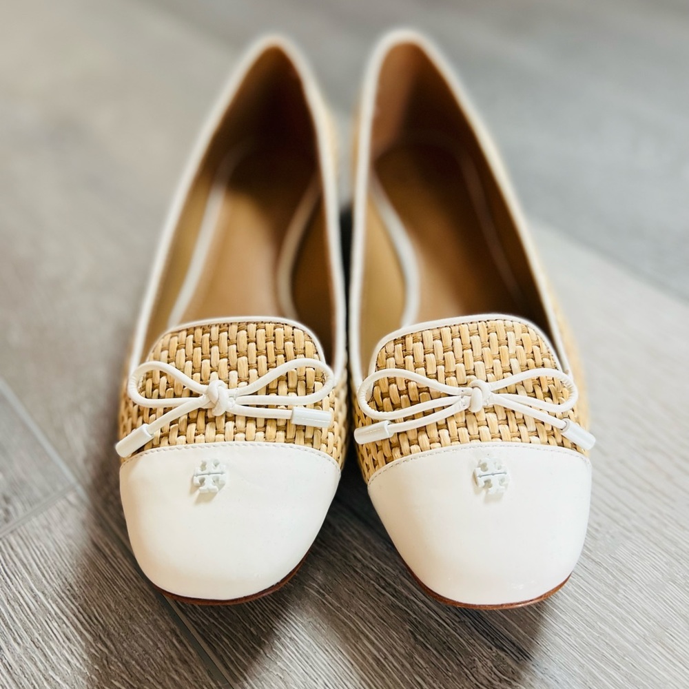 Tory Burch raffia patent leather smoking slippers, cream/tan, 6.5 medium, NIB!